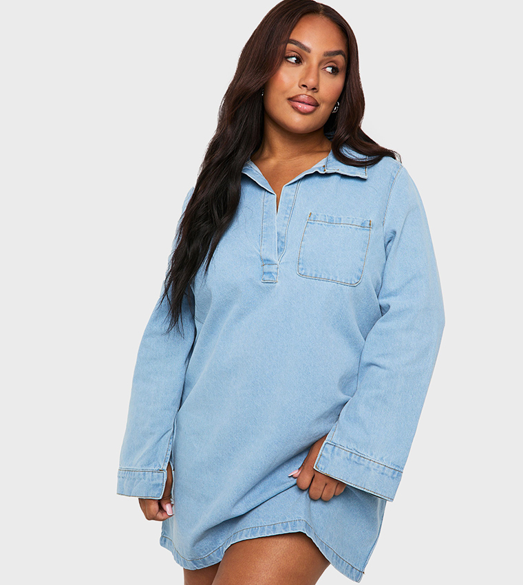 Curve Collared Long Sleeves Denim Dress