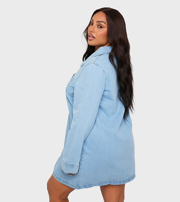 Curve Collared Long Sleeves Denim Dress