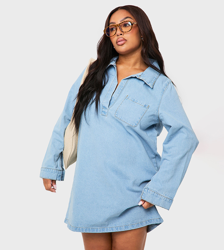 Curve Collared Long Sleeves Denim Dress