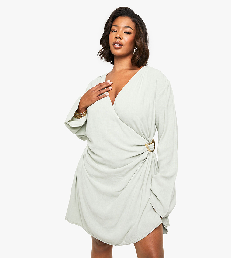 Curve Trim Detail Wrap Linen Look Dress
