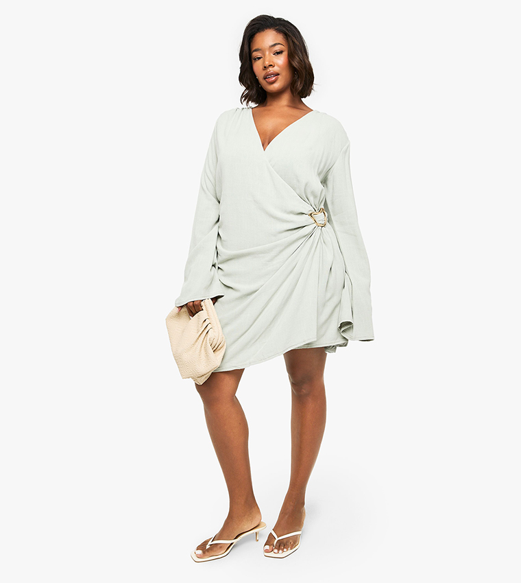 Curve Trim Detail Wrap Linen Look Dress