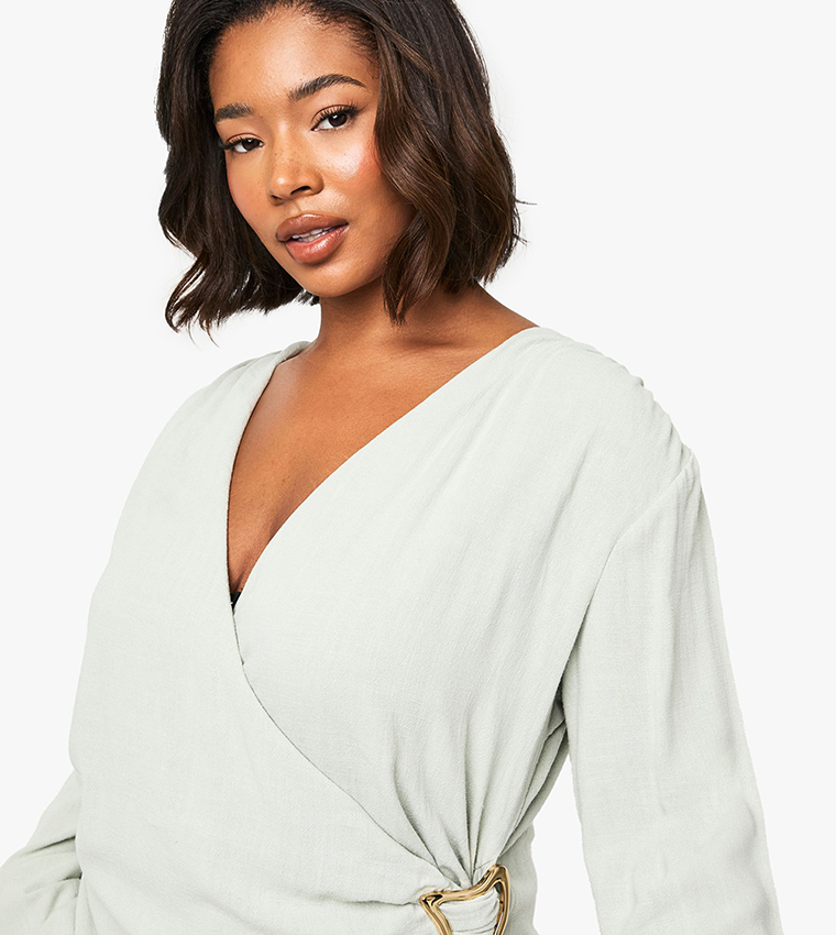 Curve Trim Detail Wrap Linen Look Dress