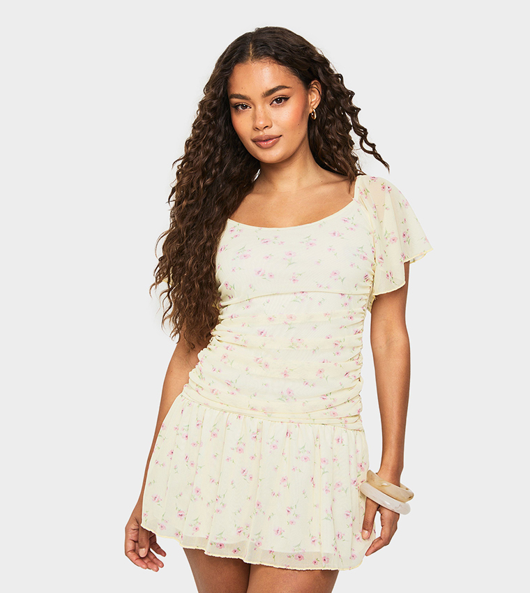 Floral Print Mesh Angel Sleeves Ruched Mini Dress