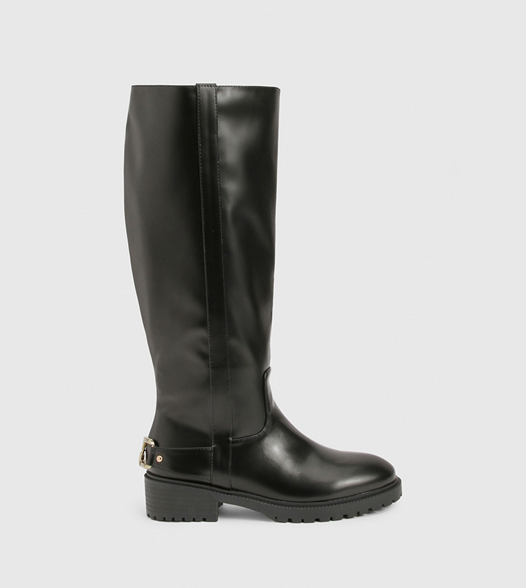 Buy Boohoo Hardware Detail Knee High Biker Boots In Black