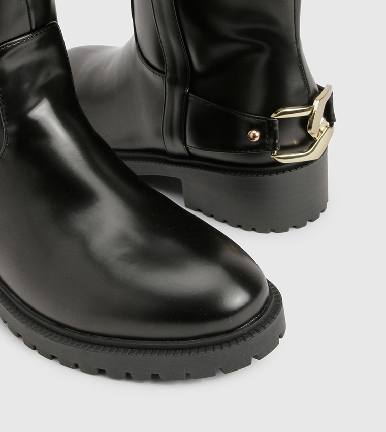 Hardware Detail Knee High Biker Boots