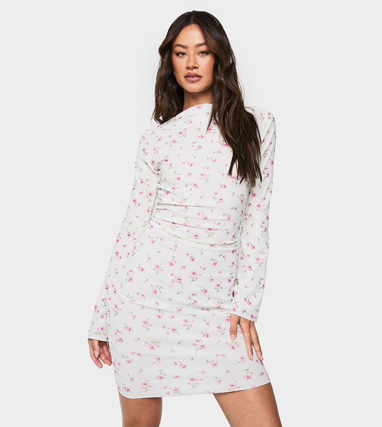 Tall Floral Print Draped Neck Mini Dress