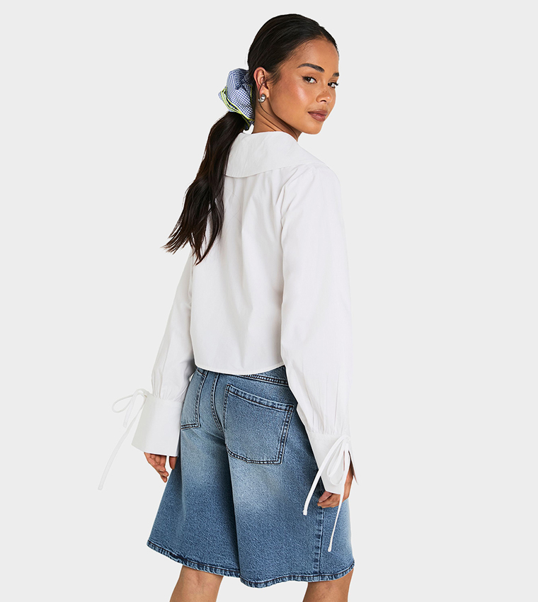 Solid Long Sleeves Crop Poplin Shirt