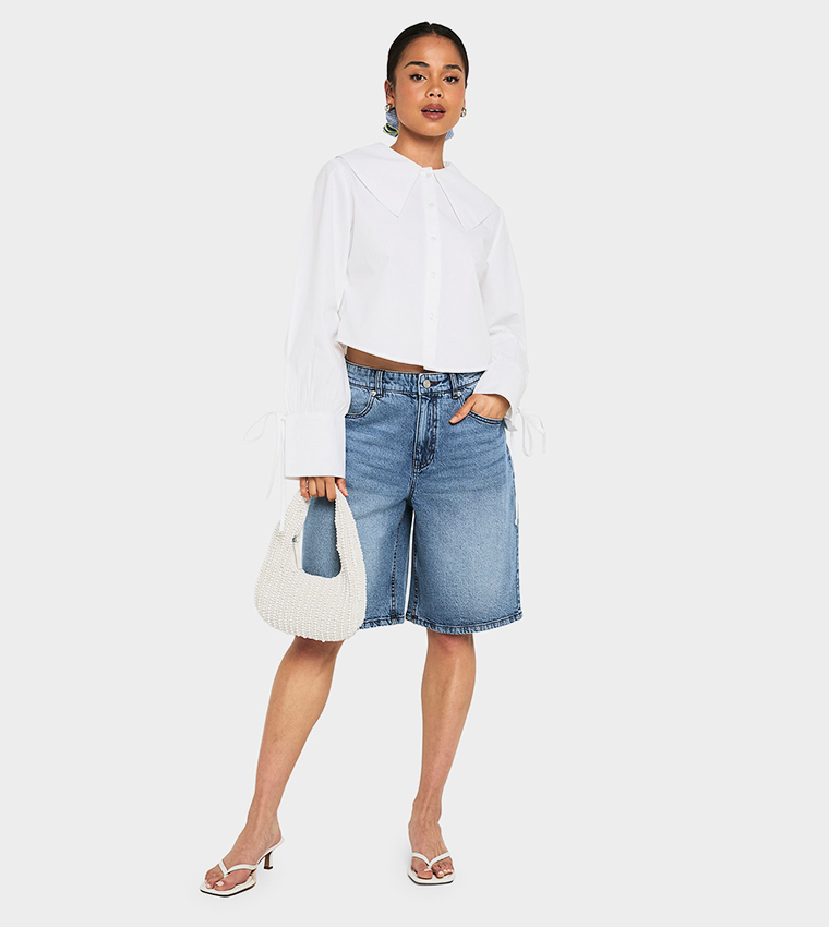 Solid Long Sleeves Crop Poplin Shirt