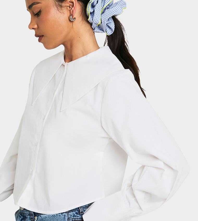 Solid Long Sleeves Crop Poplin Shirt