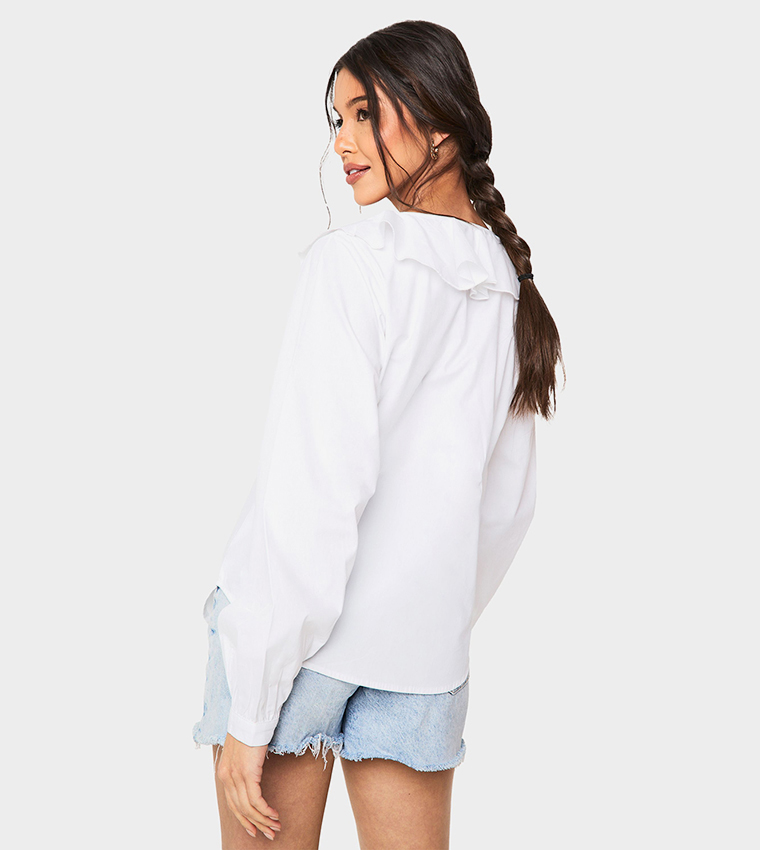 Ruffle Cutwork Trim Long Sleeves Top