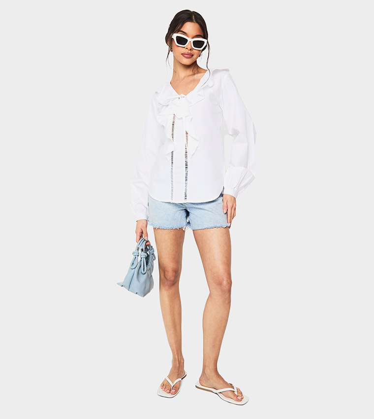 Ruffle Cutwork Trim Long Sleeves Top