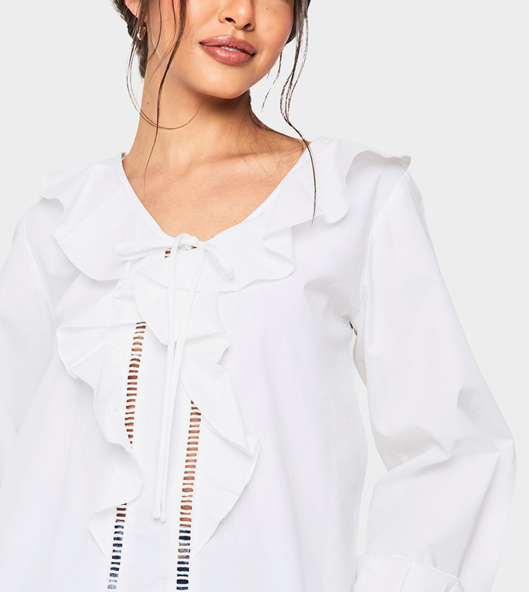 Ruffle Cutwork Trim Long Sleeves Top
