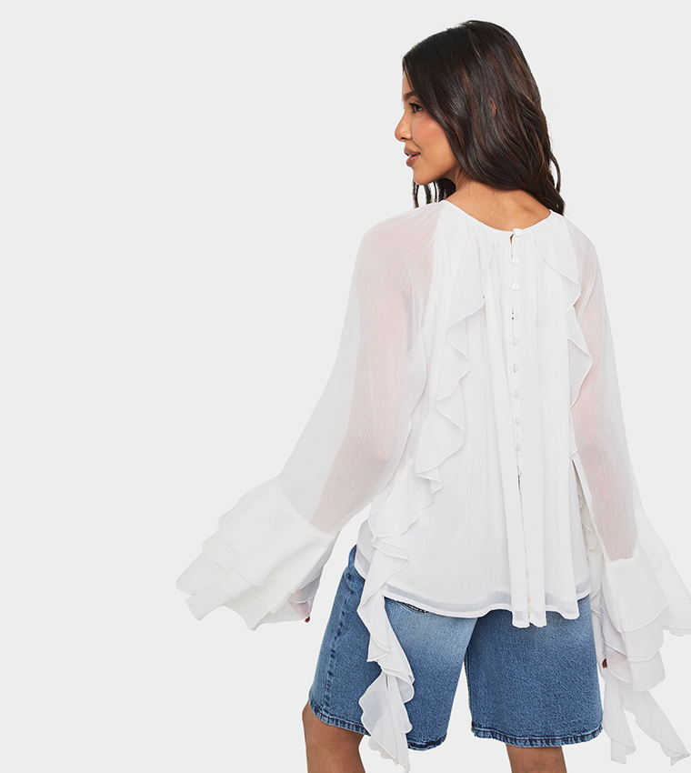Chiffon Flared Sleeves Button Back Top