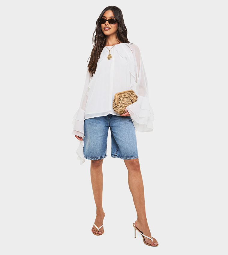 Chiffon Flared Sleeves Button Back Top