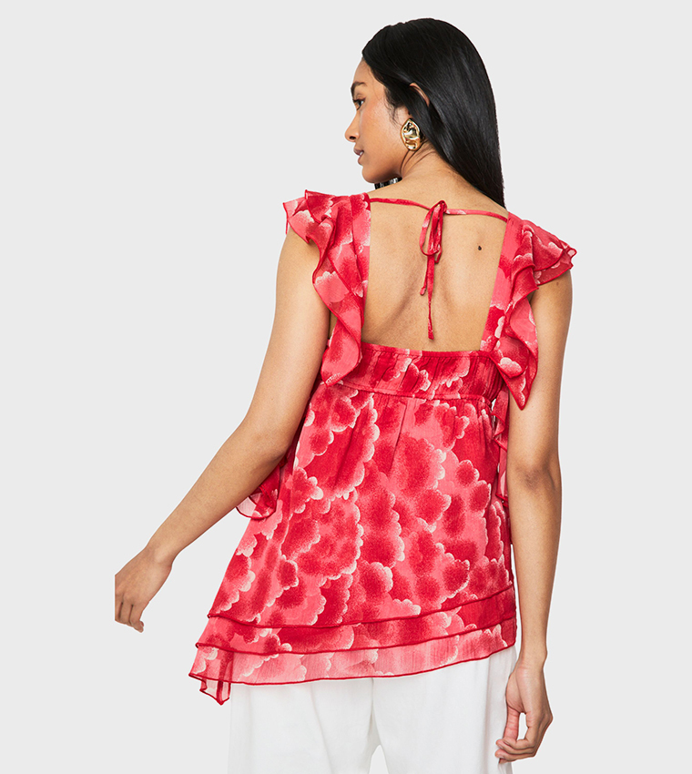 Floral Print Chiffon Asymmetric Ruffle Top