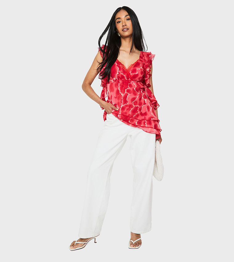 Floral Print Chiffon Asymmetric Ruffle Top
