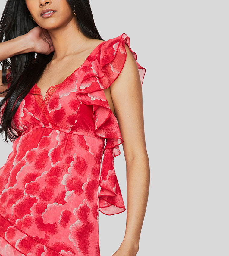 Floral Print Chiffon Asymmetric Ruffle Top