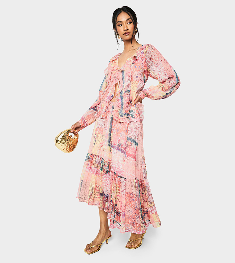 Printed Chiffon Tiered Maxi Skirt