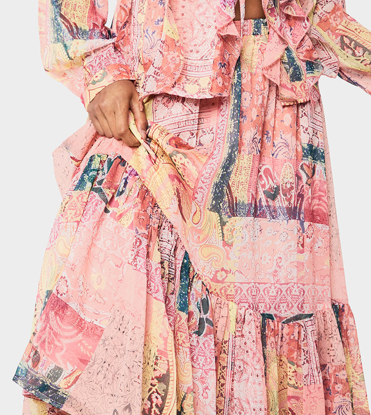 Printed Chiffon Tiered Maxi Skirt
