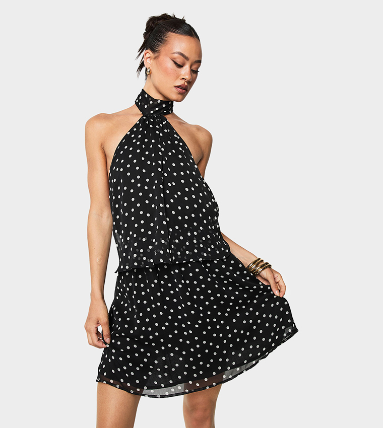 Buy Boohoo Tall Polka Dot Chiffon Halterneck Mini Dress In Pink