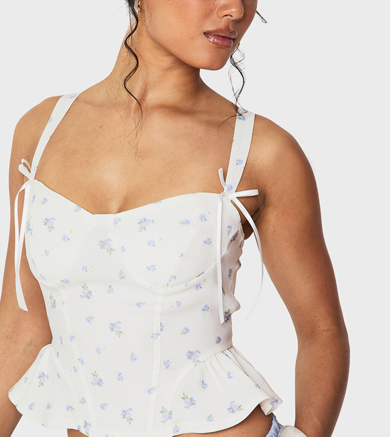 Printed Bow Detail Corset Crop Top