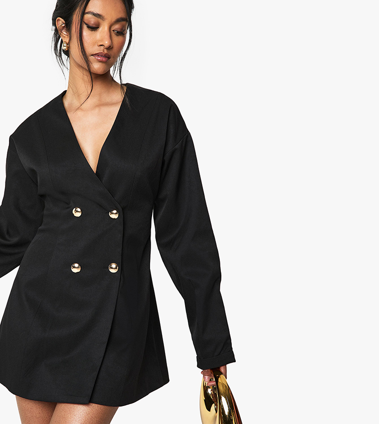 Tailored Collarless Cinched Waist Blazer Dress