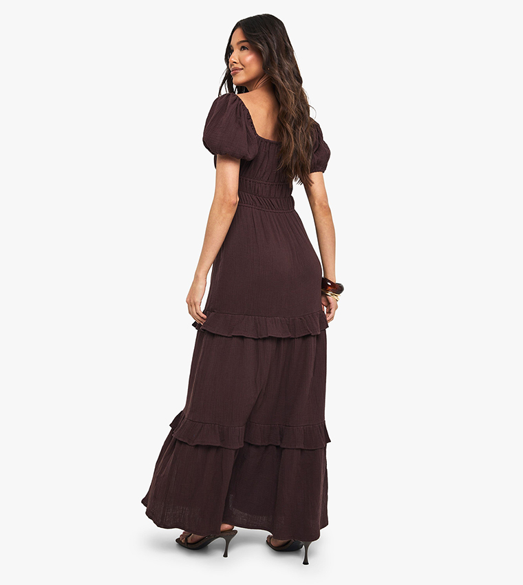 Crinkle Cotton Puff Sleeves Maxi Dress