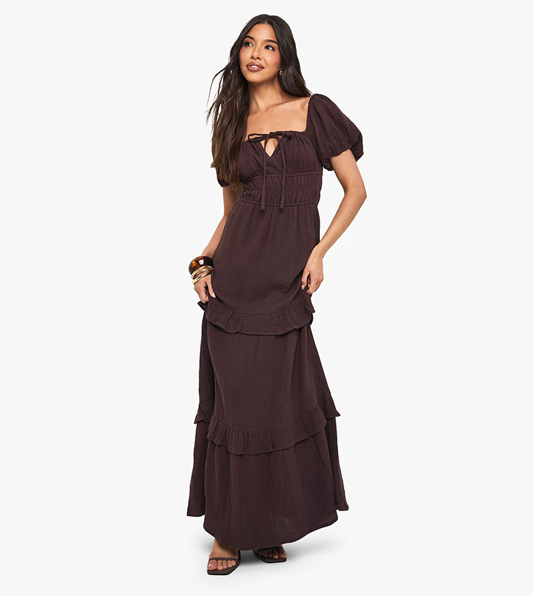 Crinkle Cotton Puff Sleeves Maxi Dress