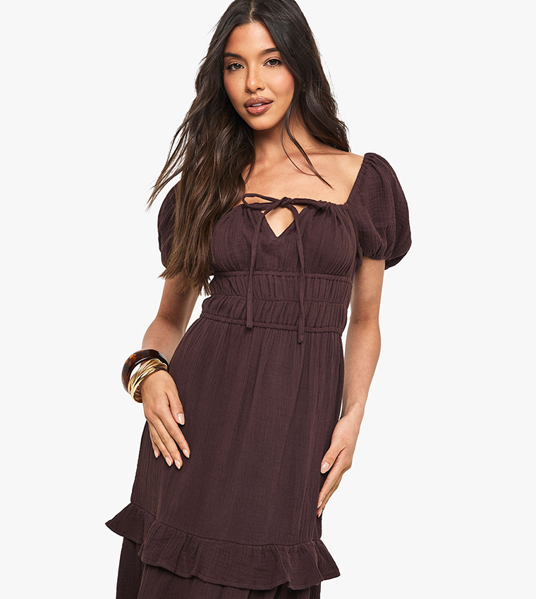 Crinkle Cotton Puff Sleeves Maxi Dress