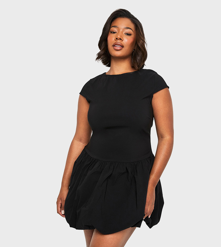 Curve Bengaline Cap Sleeves Puffball Mini Dress