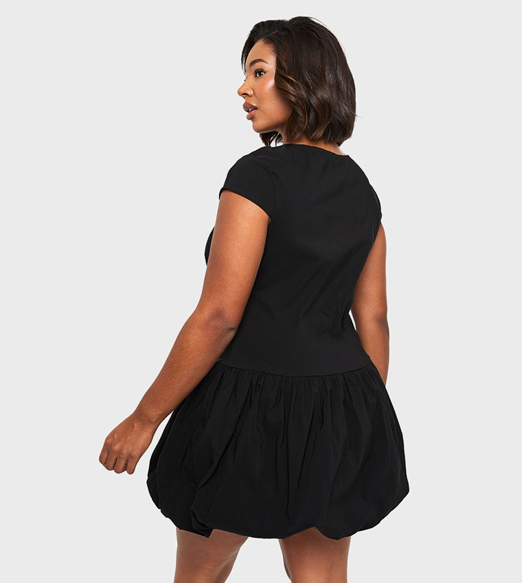 Curve Bengaline Cap Sleeves Puffball Mini Dress