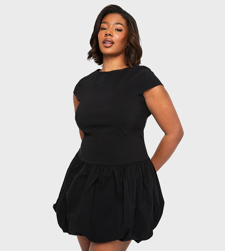 Curve Bengaline Cap Sleeves Puffball Mini Dress