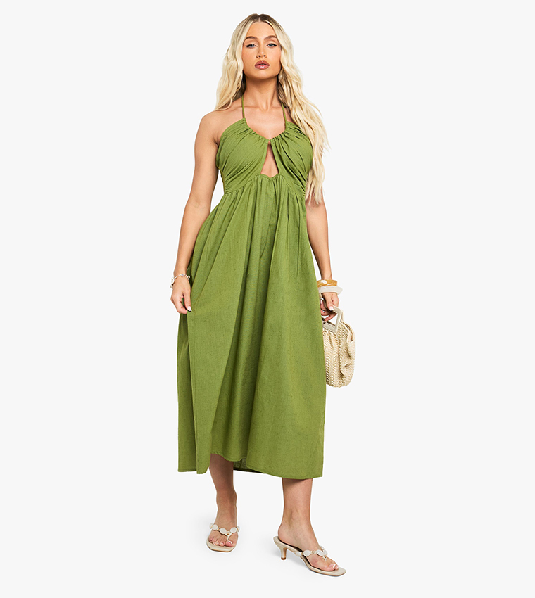 Linen Look Ruched Halterneck Midaxi Dress