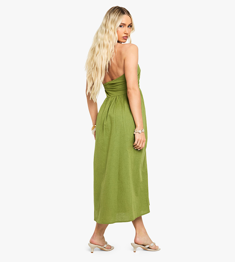 Linen Look Ruched Halterneck Midaxi Dress