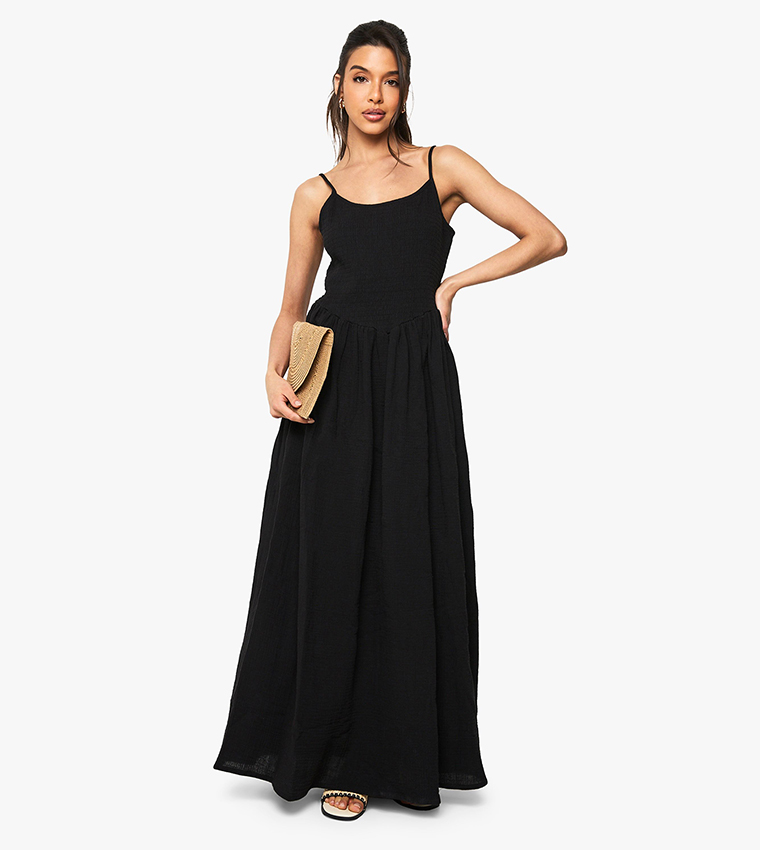 Crinkle Cotton Shirred Strappy Maxi Dress