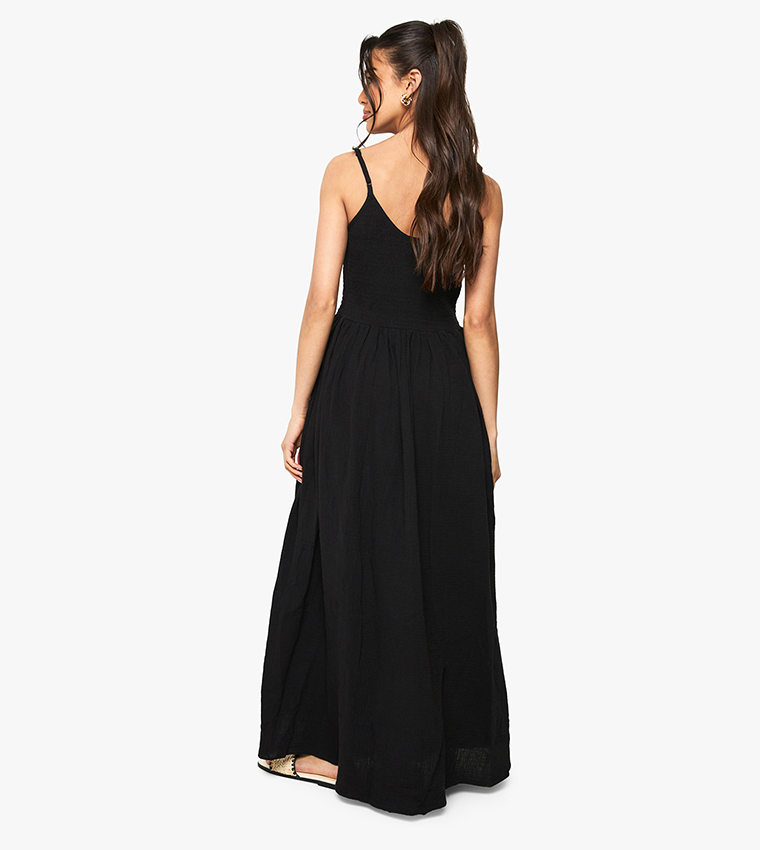 Crinkle Cotton Shirred Strappy Maxi Dress