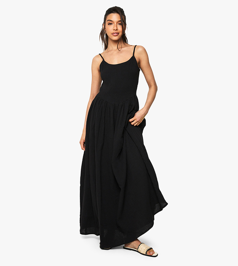 Crinkle Cotton Shirred Strappy Maxi Dress