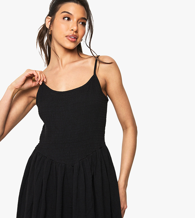 Crinkle Cotton Shirred Strappy Maxi Dress