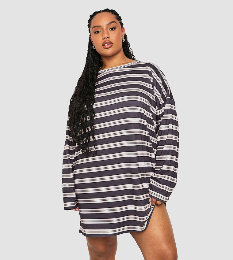 Buy Boohoo Curve Striped Oversized T Shirt Dress In Navy