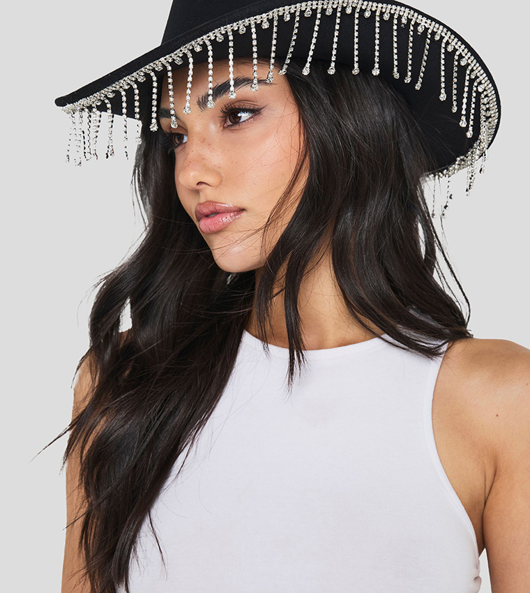 Buy Boohoo Diamante Tassel Trim Cowboy Hat In Black 6thStreet Qatar