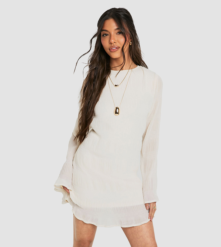 Textured Long Flare Sleeves Mini Dress