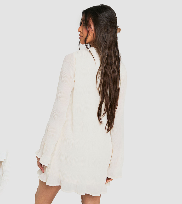 Textured Long Flare Sleeves Mini Dress