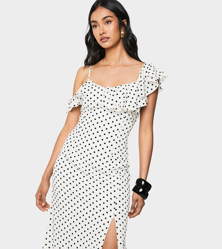 Buy Boohoo Polka Dot Frill Detail Slit Maxi Dress In White