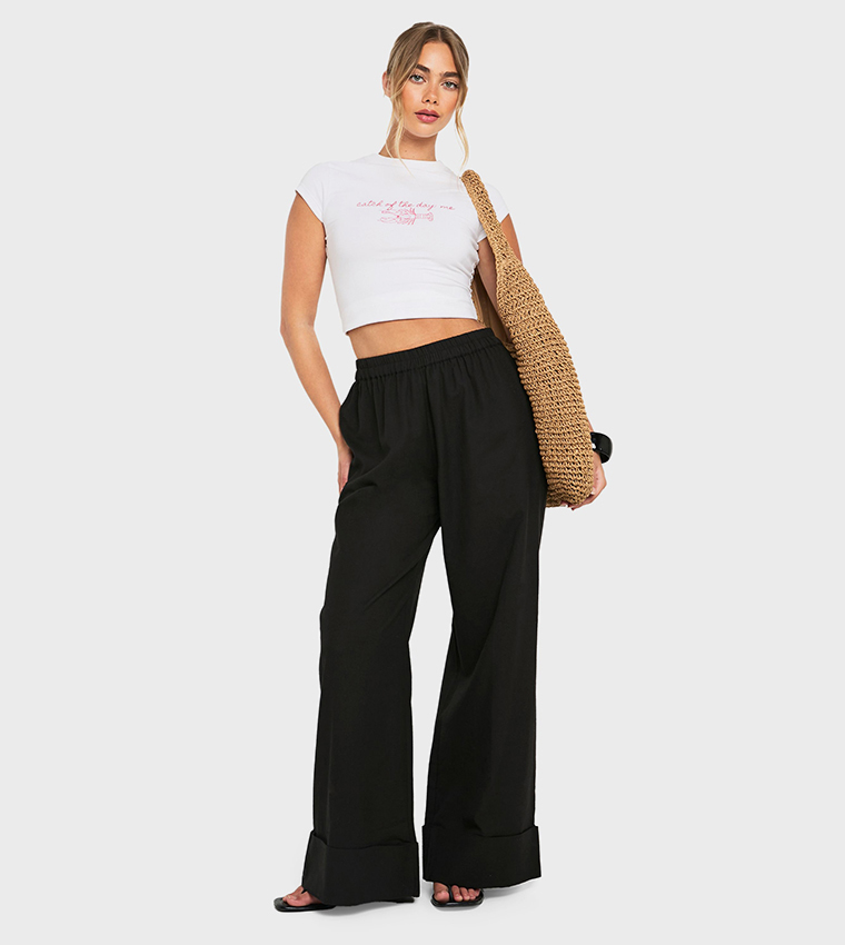 Linen Turn Up Wide Leg Trousers