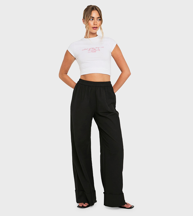 Linen Turn Up Wide Leg Trousers