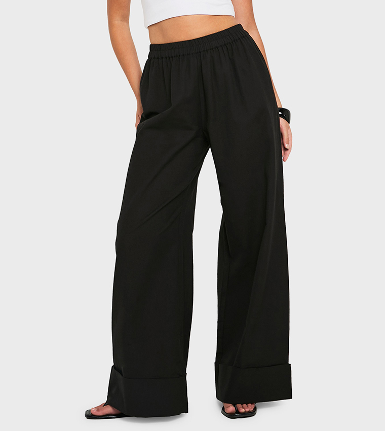 Linen Turn Up Wide Leg Trousers