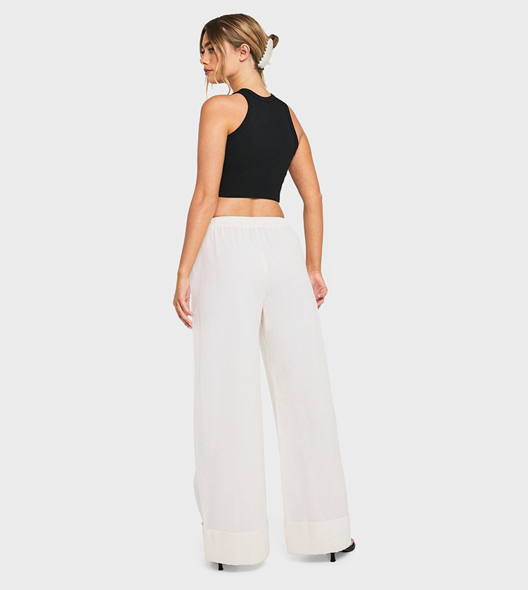 Linen Turn Up Wide Leg Trousers