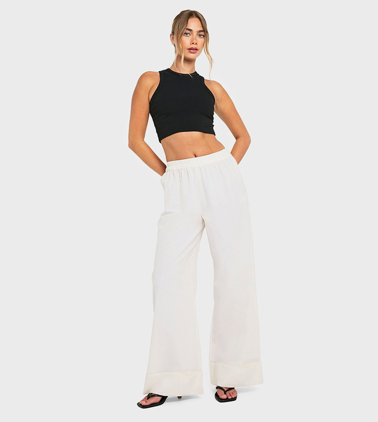 Linen Turn Up Wide Leg Trousers