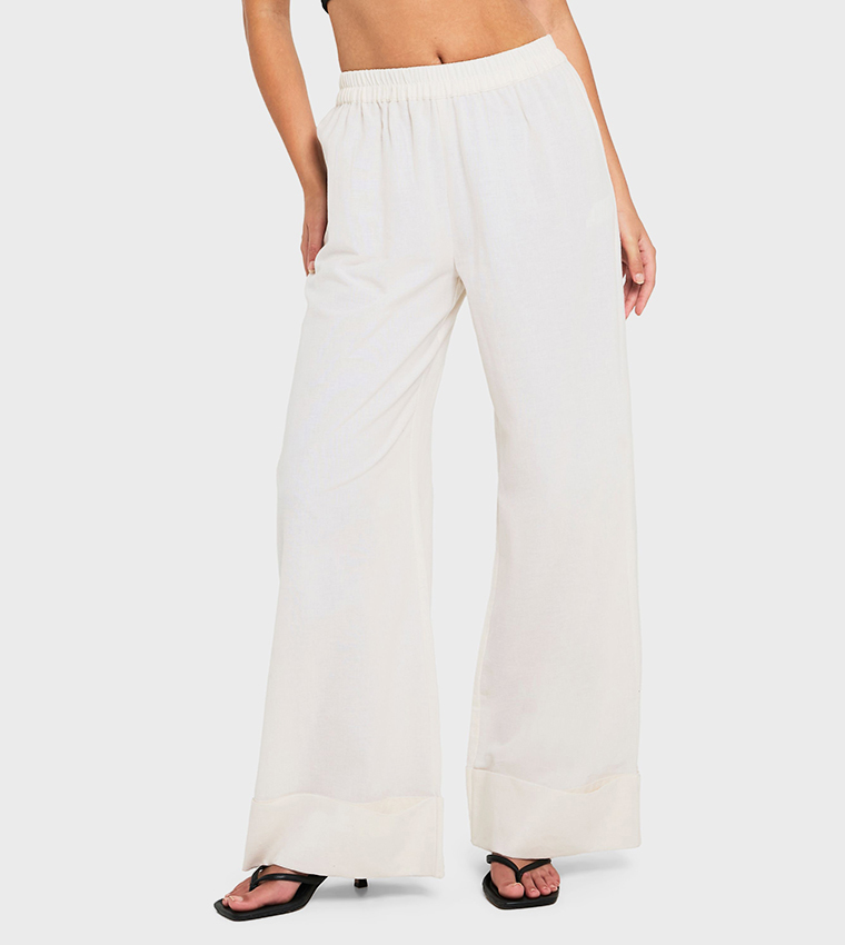 Linen Turn Up Wide Leg Trousers
