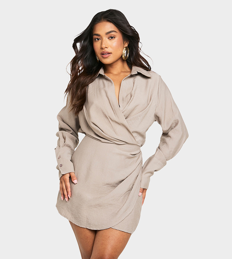 Petite Collared Wrap Mini Shirt Dress